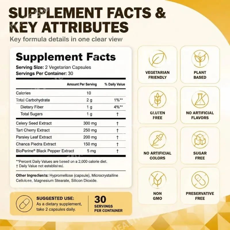 Uric Acid Purge Capsules with Celery Seed Tart Cherry Parsley Extract Vegetarian Formula Daily Joint Support Supplement 60 Count — image 4