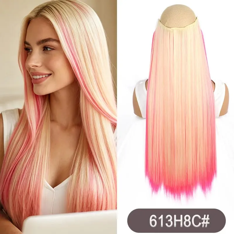 Synthetic 24Inch Long Straight One Piece Rainbow Highlight Clip In Hair Extensions for Women Daily Use Easy Wear