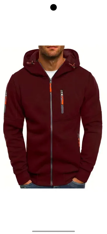 Men's Grey Hooded Sweatshirt Full Zipper Casual Sportswear with Pockets Orange Drawstring plus Size Available