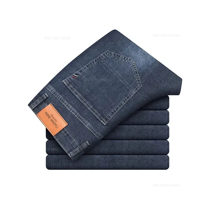 Summer Brand Men's Fit Straight Lightweight Cotton Stretch Jeans Business Casual High Waist Thin Light Grey Jeans mens pants