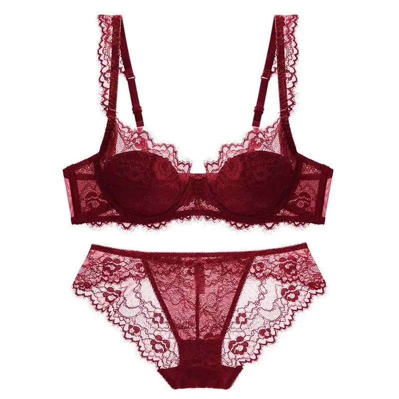 Women Sexy Lace Bra Set Padded Push Up Bra and Panty Set Elegant Ladies Brief Set Thin See Through Underwear — image 5