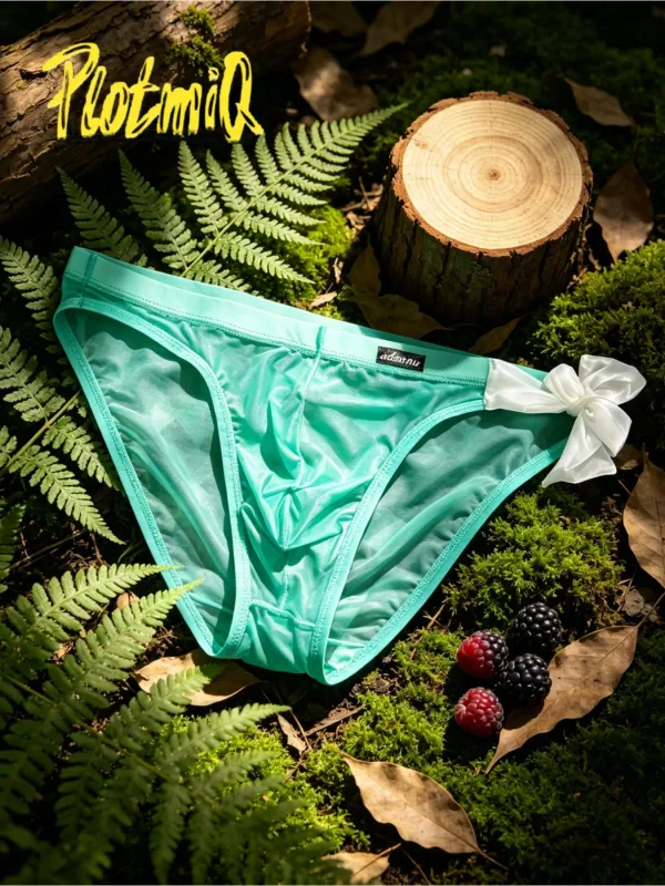 Cuecas de biquíni masculinas de malha transparente, tecido transparente amarelo brilhante, decorativo, arco branco, bolsa convexa em u, cintura baixa, roupa íntima masculina, 1 peça