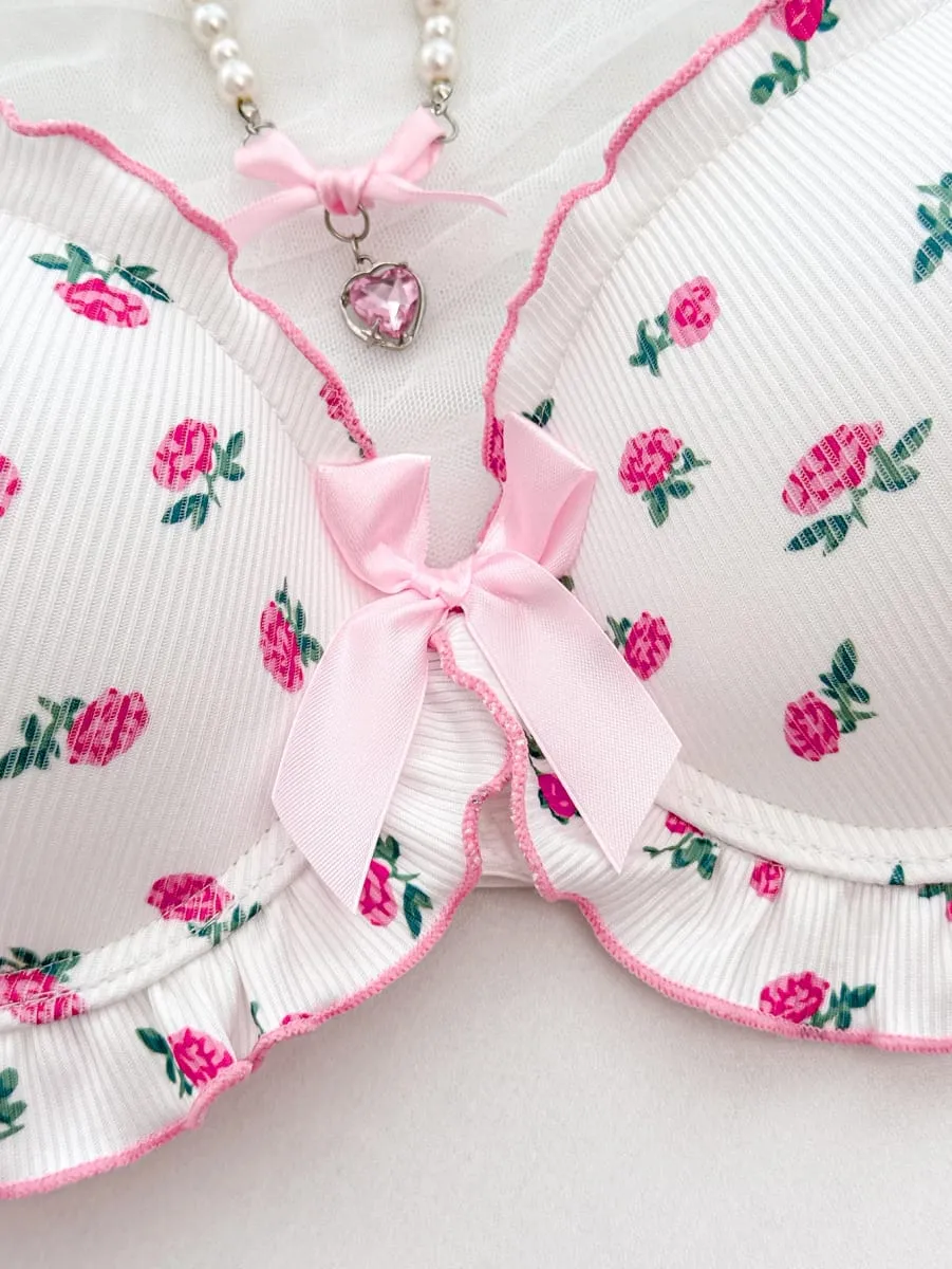 Floral A B C D Cup Women's Underwear Set Ribbed Knit Push Up Bra Daily Comfort Panties Women Ruffle Edge Lingerie Set