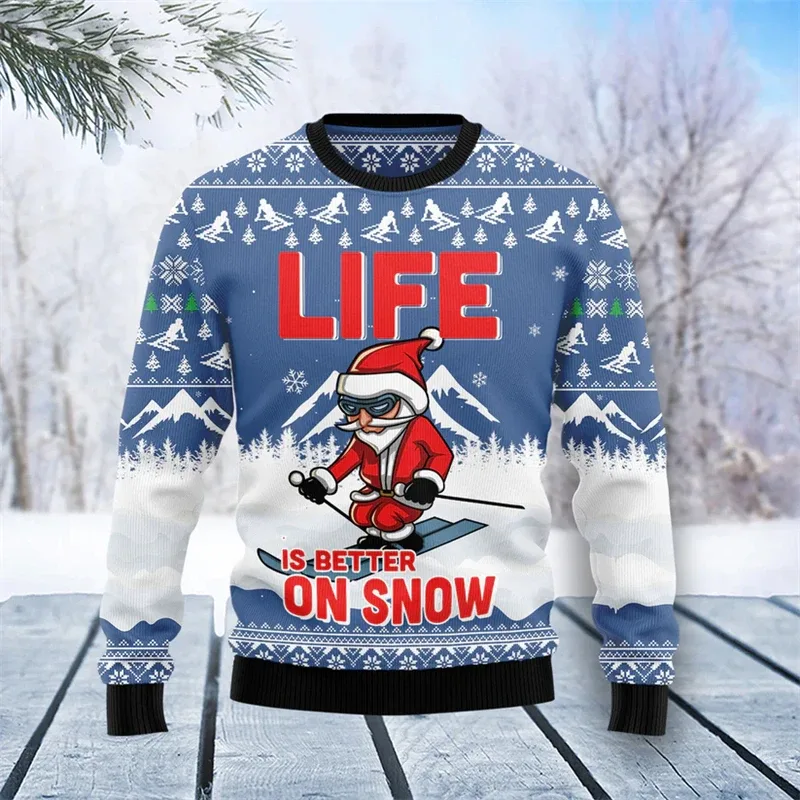 Fashion Skiing Santa Graphic Ugly Christmas Sweater For Men Trendy Streetwear 3D Printed Xmas Sweatshirts Loose Holiday Pullover — image 7