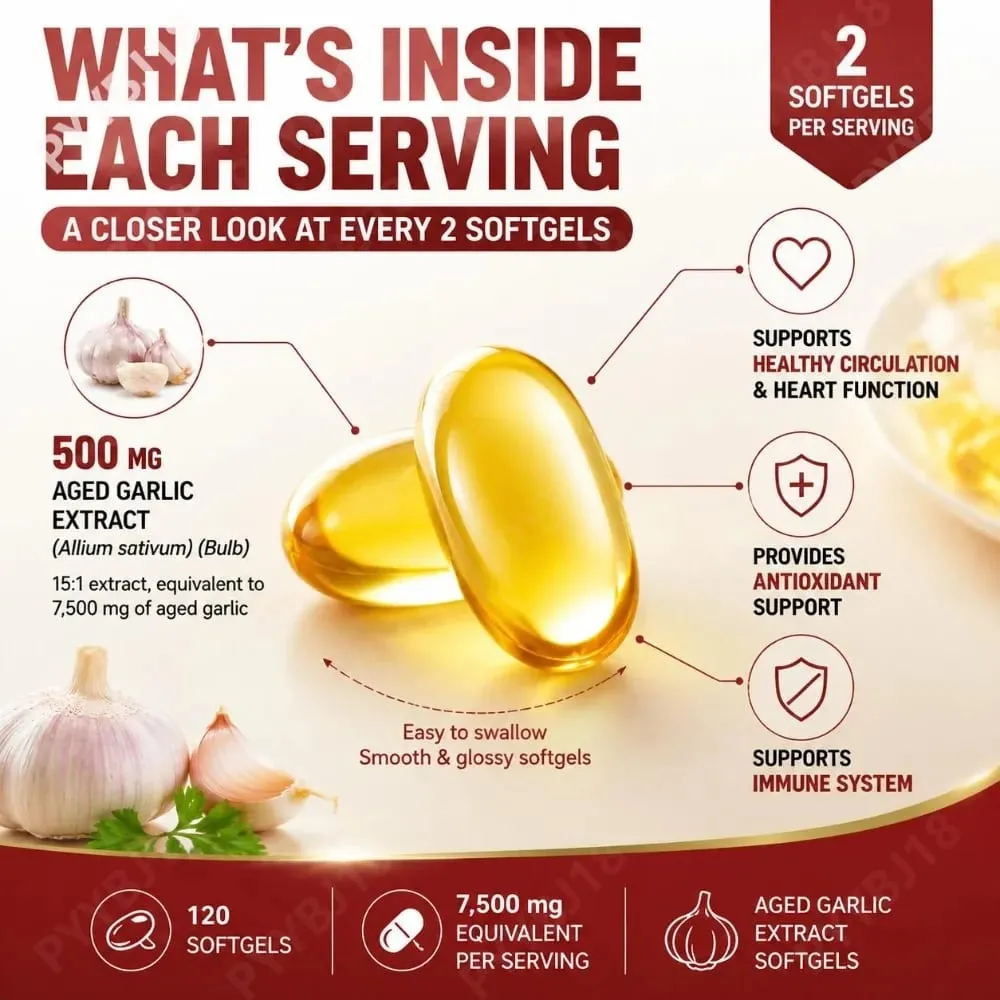 Aged Garlic Extract Softgels 7500 มก. เทียบเท่าต่อการไหลเวียนและการทำงานของหัวใจ สารต้านอนุมูลอิสระและภูมิคุ้มกัน 120Ct