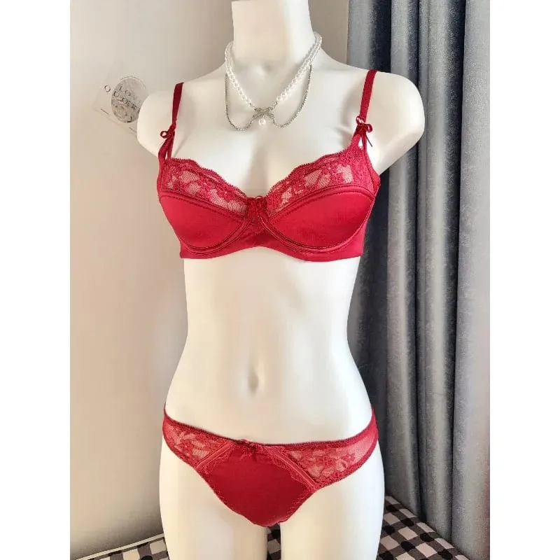 Popular Red Lace Minimizer Bra Set Ladies Half Cup Ultra Thin Big Bust Soft Support Bridal Party Honeymoon Night Out 32-38 Suit