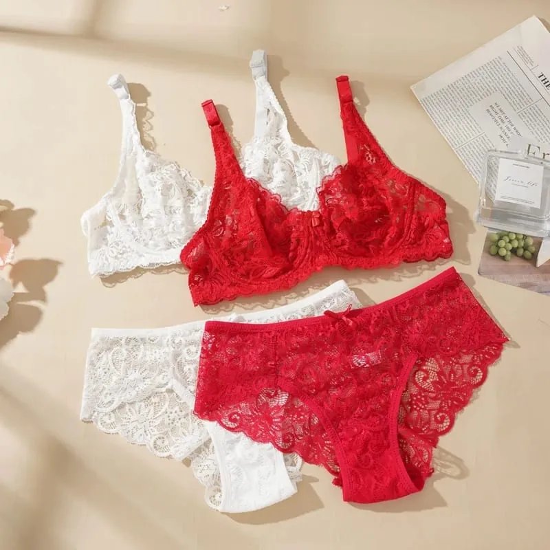 Women's Sexy Lace Thin Bras Suit Non-pad Exquisite Push-up Bra Solid Breathable Underwire G-String Panties Underwear Set