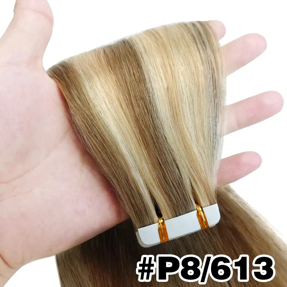 Tape In Hair Extensions Human Hair Natural Color Silk Soft Straight Seamless Invisible Tape In Extensions Color #2 for Women 50G