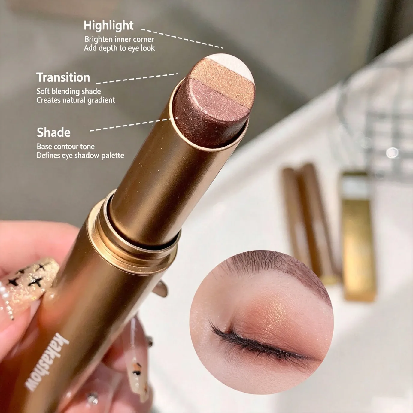 Kakashow Three Color Pearl Glitter Eye Shadow Stick Gradient Delicate Shiny Eyeshadow Waterproof Long Lasting Daily Eye Cosmetic