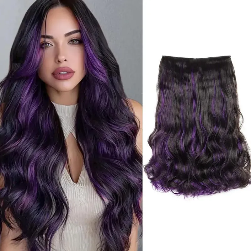 Synthetic 5Clip in Hair Curly Extension 18 Inch Curly Black Mix Blue Highlights Thick Hairpieces Fiber Hair for Women