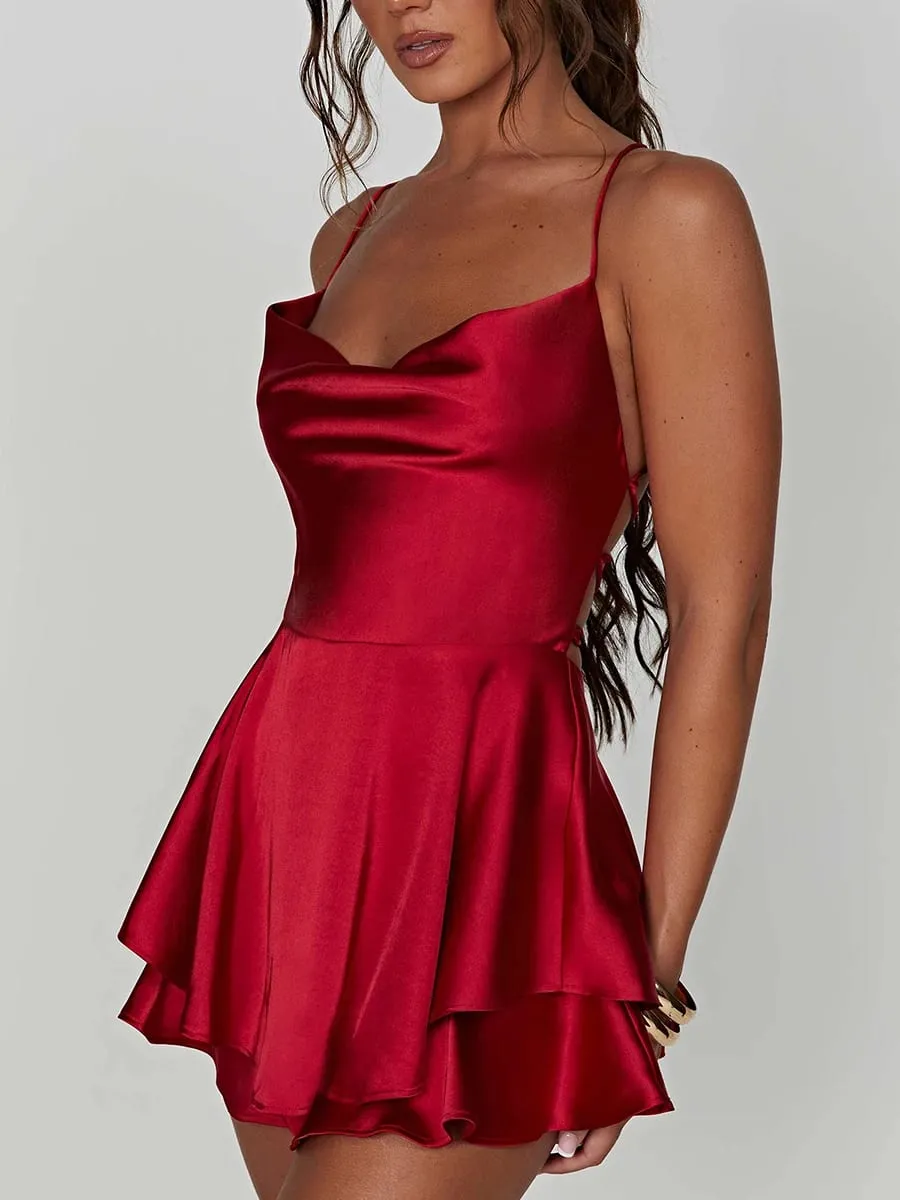 Satin Silke Kvinder Sexet Cami Playsuits Kjole Solid Cowl Neck Ærmeløse korte jumpsuits Sommer Cross Tie-Up Rygløs Romper