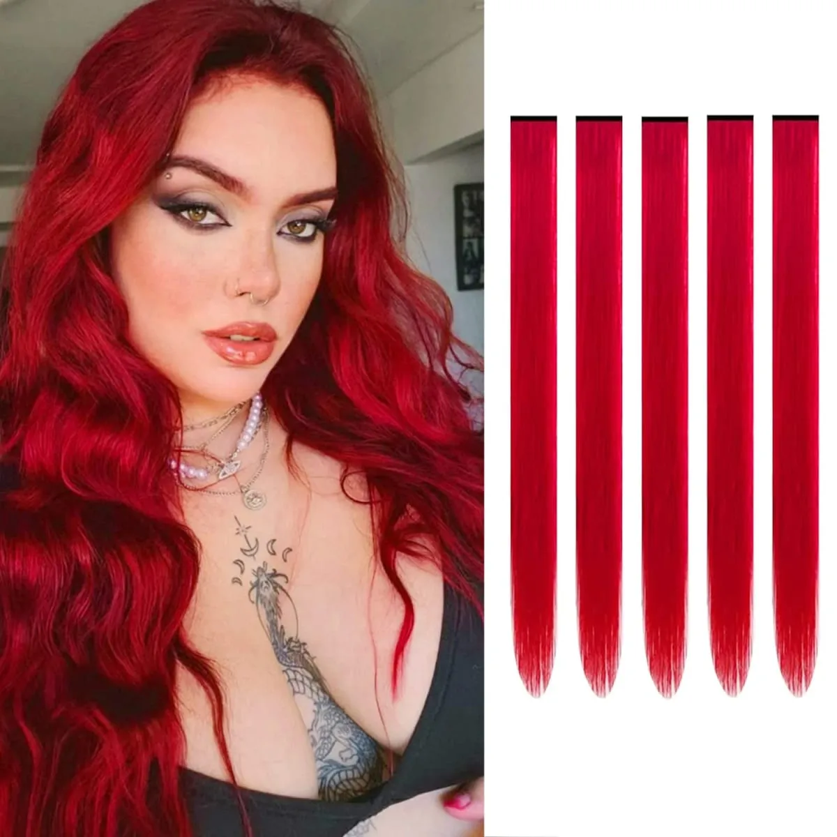 5PC/22 inch Color Hair Extensions Highlights Clip in Synthetic Hair Purple Hairpieces for Women Kids Halloween Cosplay Gift