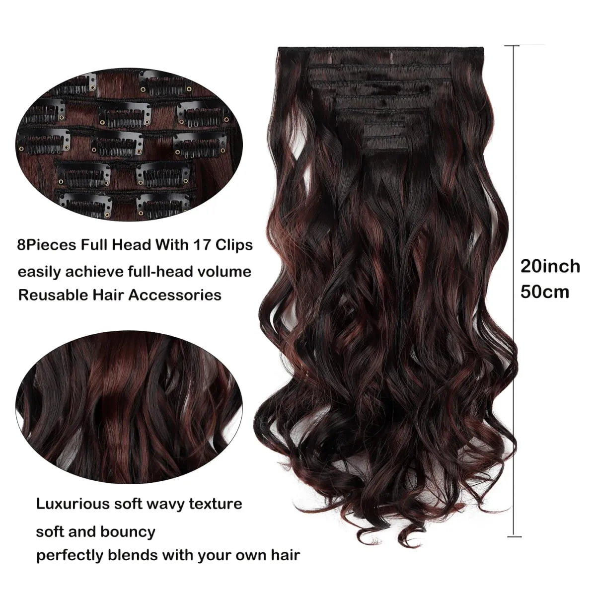 8Pcs Wavy Clip-In Hair Extensions Set 17Clips Matte Synthetic Full Head Hairpiece for Women Easy to Install