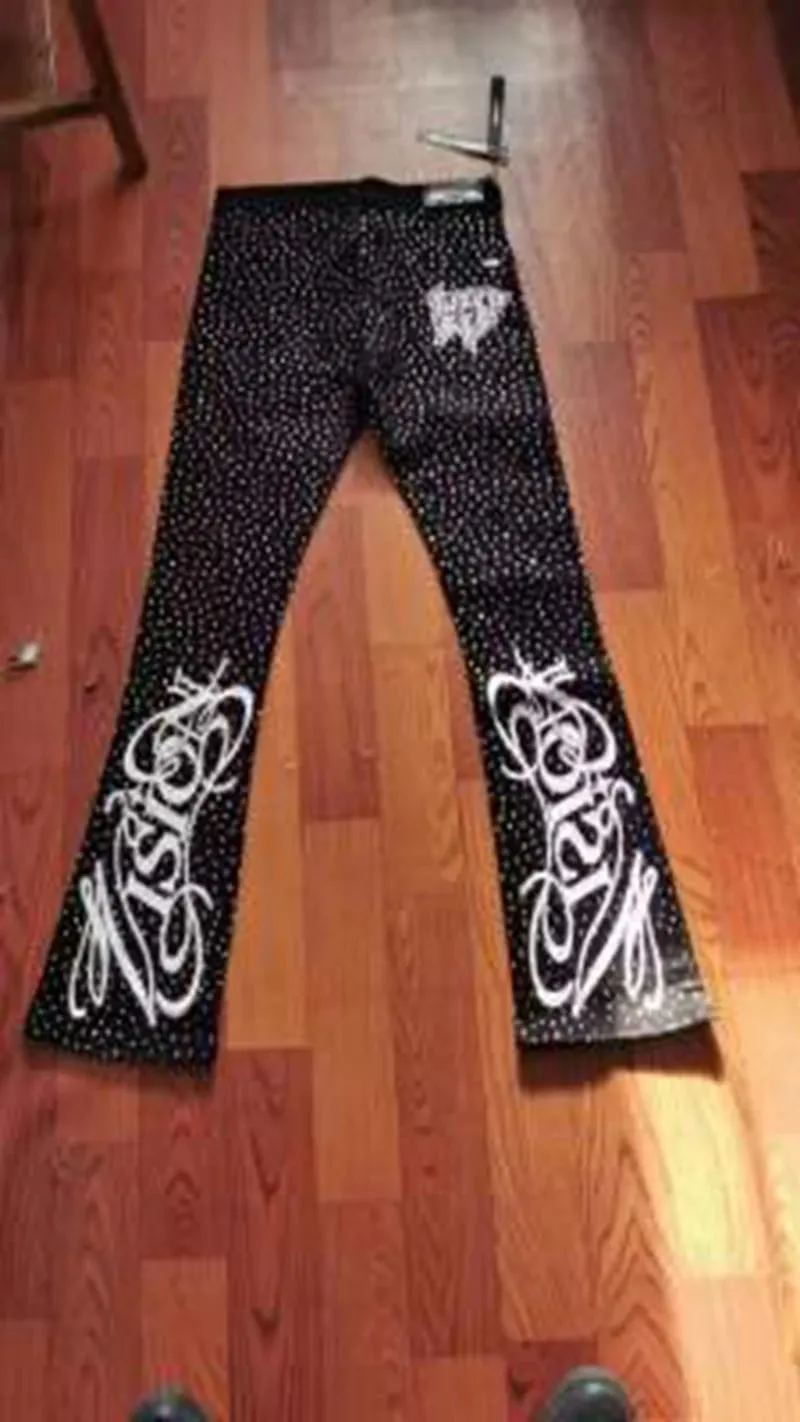 Punk Flame Streetwear Solid Casual Denim Trousers Stage Dancing Rhinestone Print Washed Black Baggy Jeans HipHop Casual Denim Pa