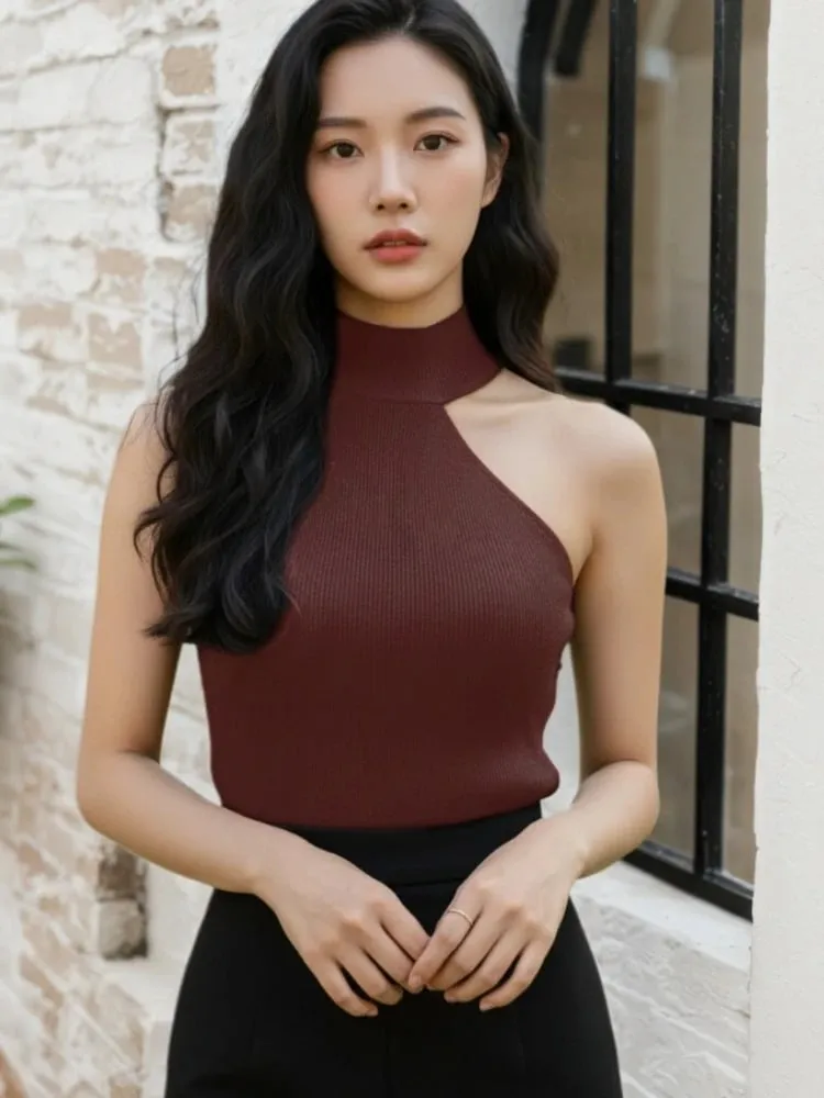 2026 Summer Women Crop Top Sleeveless Turtleneck Female Tank Tops Knitted Off Shoulder Vests White Beige Sexy Clothing Black