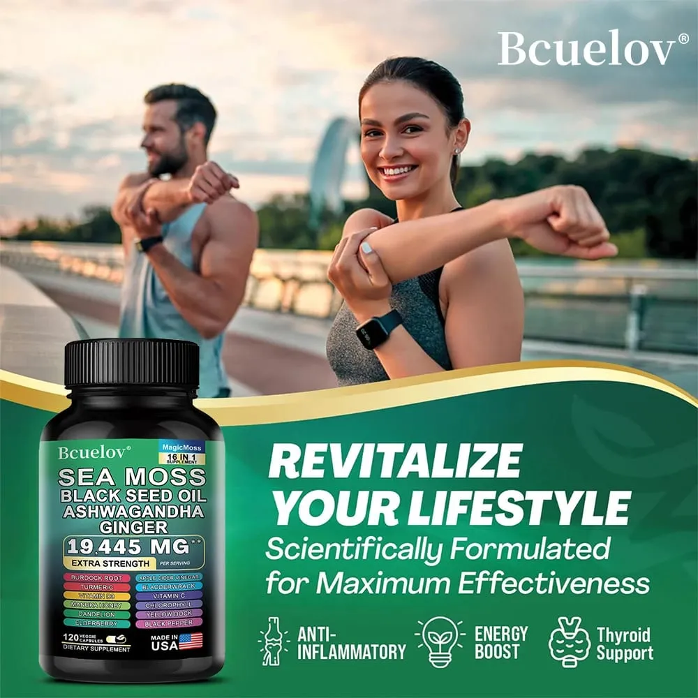 Sea Moss Capsules with Black Seed Oil Ashwagandha Turmeric Complex Energy Immune Digestive Skin & Stress Relief Support