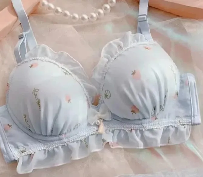 Cute Strawberry Print Wireless Thin Cup Push Up Bra Panty Set Kawaii Japanese Comfort Underwear For Small Chest Daily Wear S-XL