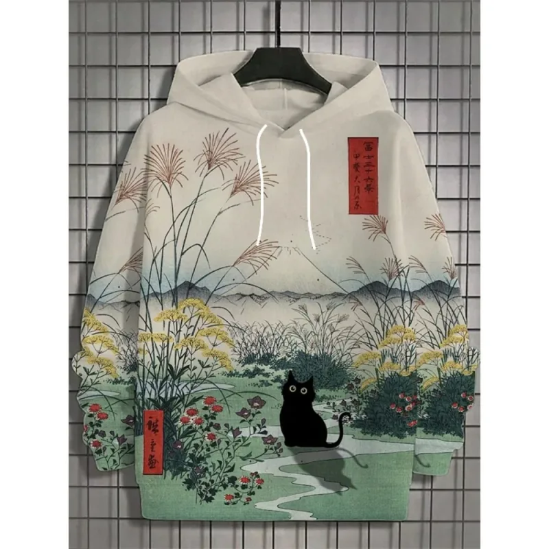 Japanese Harajuku 3D Printed Hoodies For Men Mountain Cat Tentacle Graphic Pullover Sweatshirts Casual Loose Hooded Long Sleeves — image 7