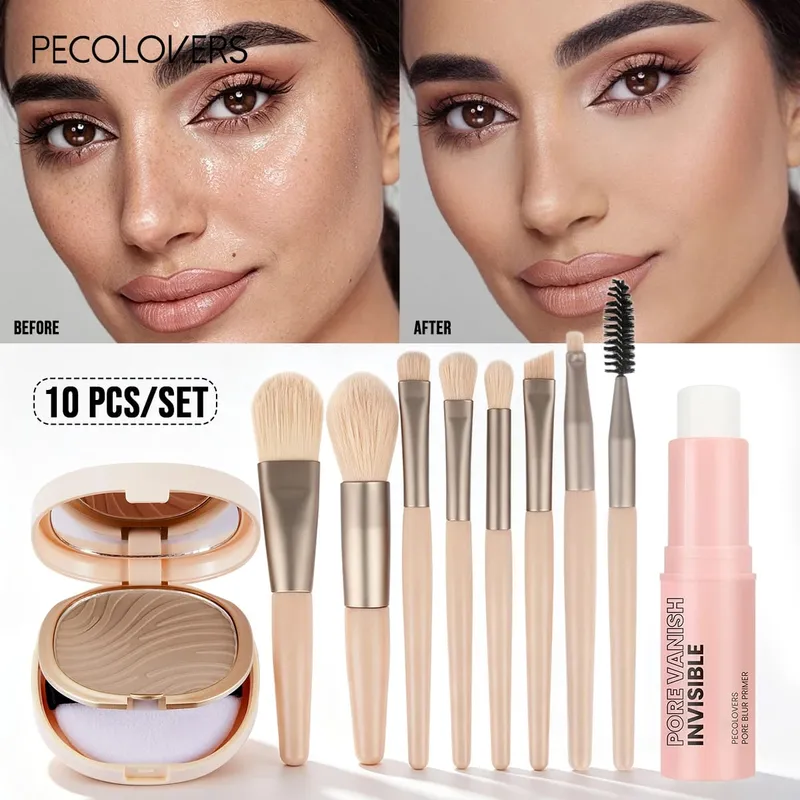 Sada 10 ks základního make-upu All-In-One s matným fixačním práškem a 8 ks profesionálních make-up štětců na minimalizaci pórů