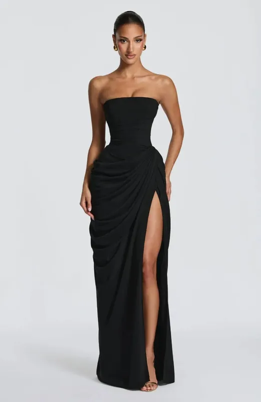 Sexy Solid Pleated Strapless Dress Lady Chic Off-shoulder Backless High Waist Split Dresses Women 2026 New Evening Party Gown