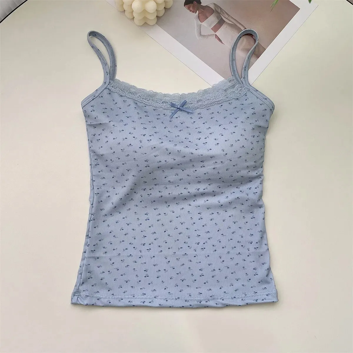 Elegant Lace Flower Print Camis 2026 Slim Sexy Vest Floral Tops One Size Floral Tank Tops Spring