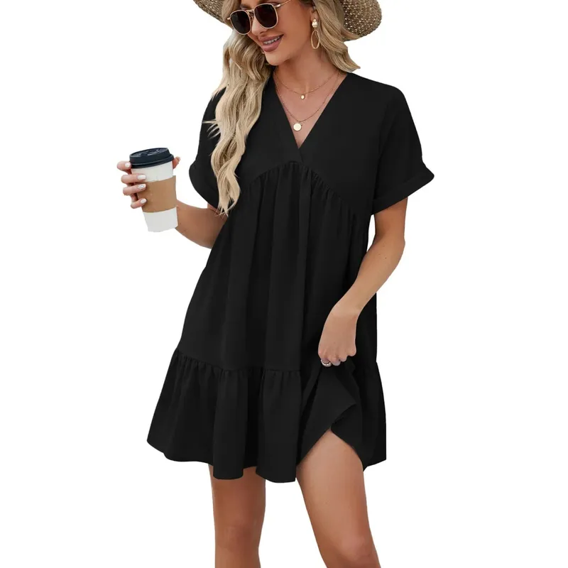 Summer White Dress V Neck Short Sleeve Loose Fit Dresses Pleated Midi A Line Pastel Pink Women's Casual Summer Woman Clothing — image 3