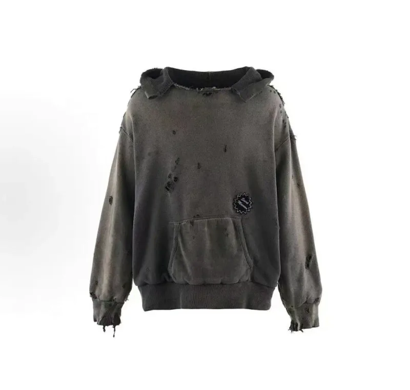 26FW SAINT x Ber B J Co-brand Big Logo Printed Women Men Washed Hooded Sweatshirt Hoodies Vintage Distressed Men Casual Hoodie