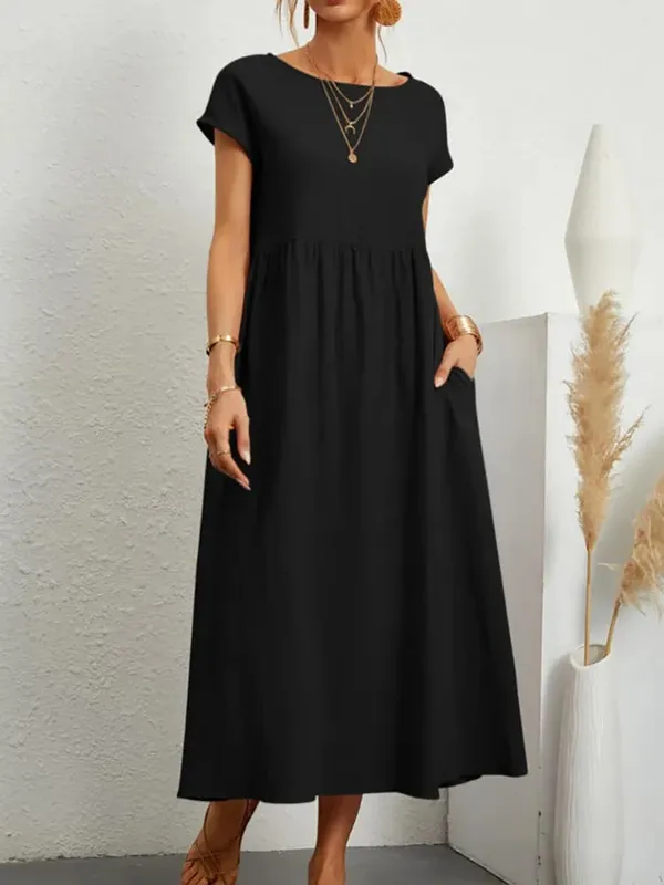 Premium Elegant Solid Cotton Linen Dress Summer Midi with Pockets Loose Fit Casual Crew Neck Short Sleeve for Beach Travel — image 10
