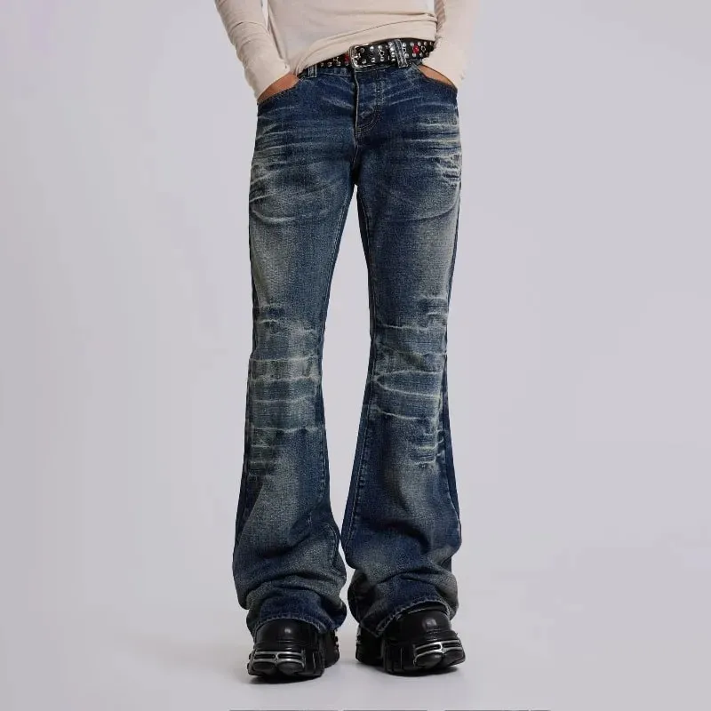 Y2K Vintage Flared Jeans Mid Blue Washed Men Women Bootcut Jeans American Hip Hop Distressed Streetwear Unisex Wide Leg Pants