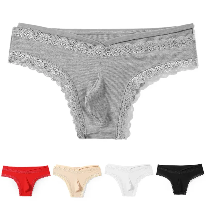 Homens rendas rrim sissy gay sem costura cuecas cueca meados de cintura bulge bolsa lingerie sólida masculina renda borda lingerie — image 8