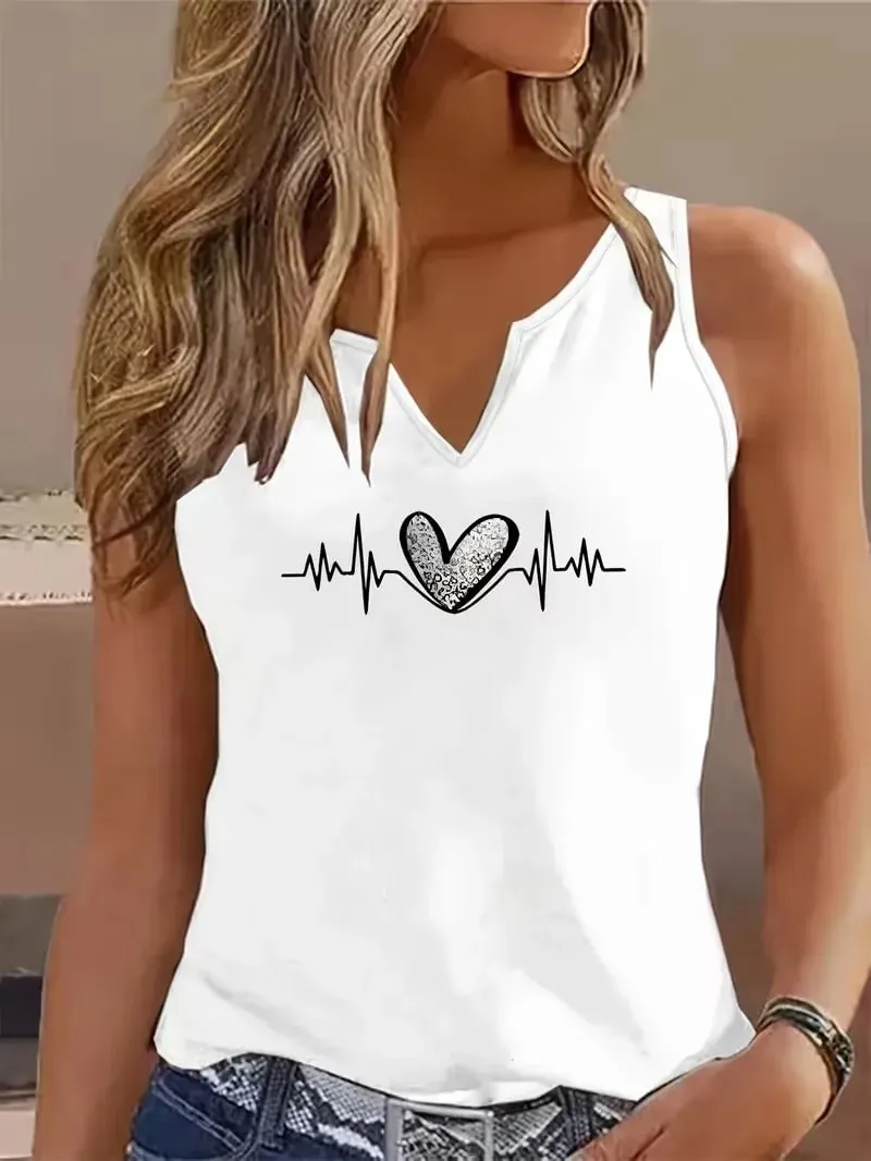 90s Casual Love Heart Sleeveless Tank Top T-shirt V Neck Graphic Vest T Shirts Women Shirt V-Neck Gothic Tops Tee Summer