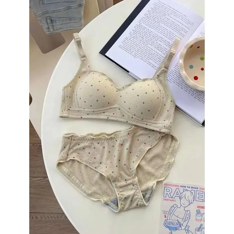 White Polka Dot Wireless Bra for Teens Push Up Bust Retraction Support Non Padded Bralette Set Small Chest Anti Sagging MOYISU