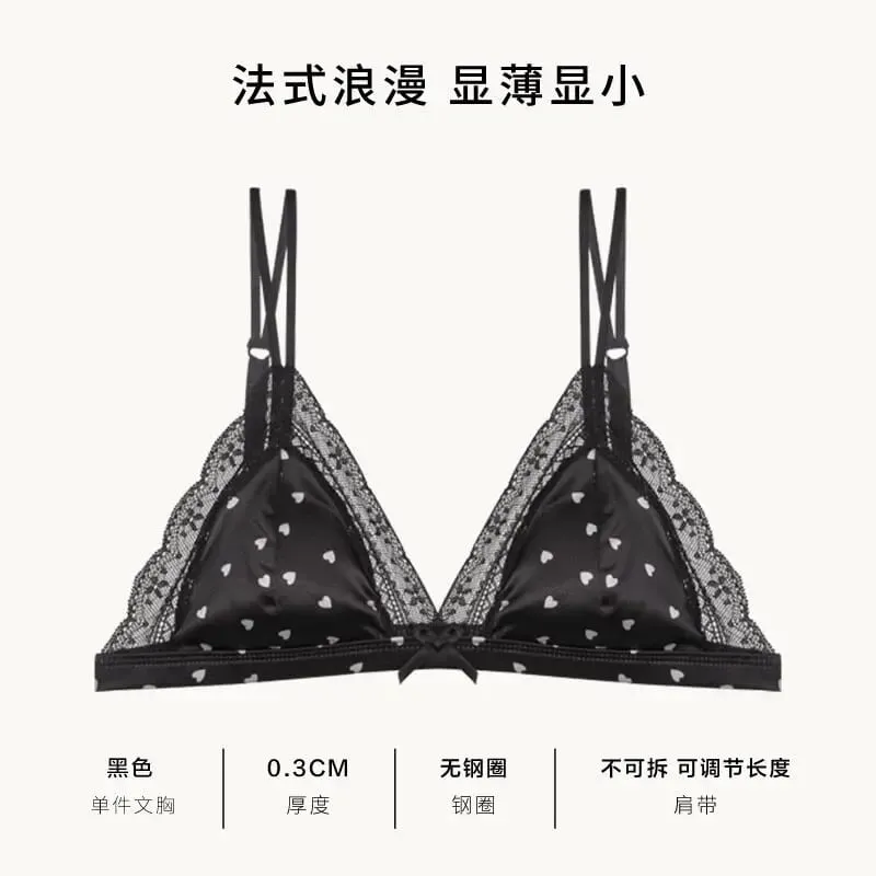 Sujetador triangular encaje satén estilo francés sin varillas transpirable realce lateral para busto pequeño lencería femenina
