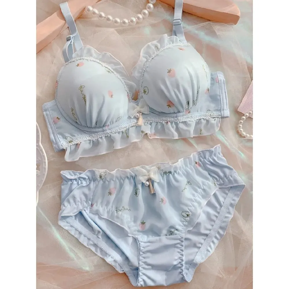 Cute Strawberry Print Wireless Thin Cup Push Up Bra Panty Set Kawaii Japanese Comfort Underwear For Small Chest Daily Wear S-XL