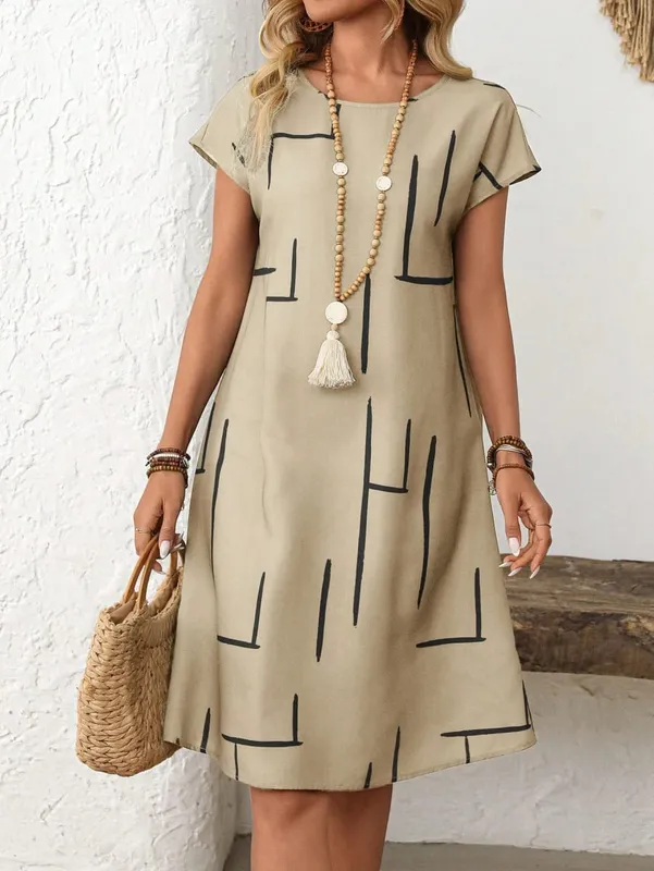 Women's Summer Casual Allover Simple Print O Neck Short Sleeve Dress Shirt Dresses For Women Y2k Ladies Clothes Woman Clothing