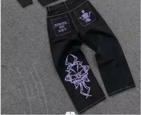 Y2K Black Oversized Cargo Jeans Men Heavy Strap Buckle Stud Zip Pocket Distressed Detail Streetwear Casual Wide Leg Fashion Pant