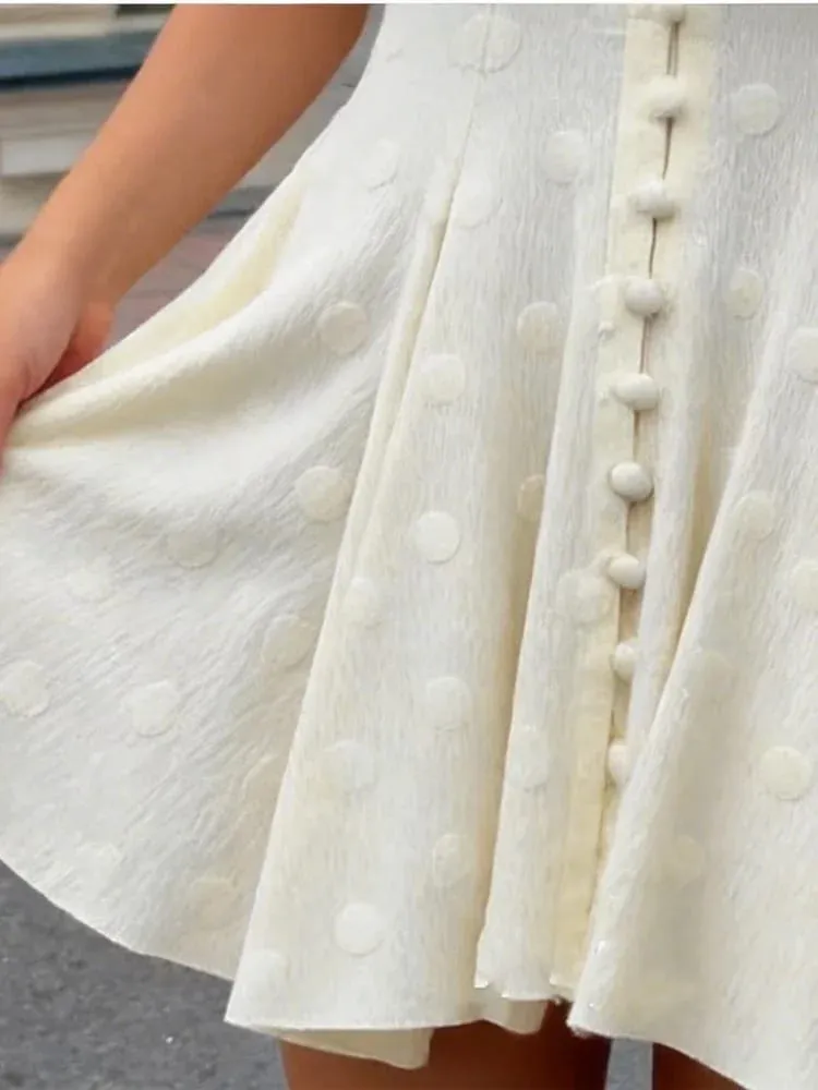 Solid Polka Dot Women's Mini Dress Deep V Neck Puff Sleeve Pleated Front Button A-line Short Dresses Elegant Party Lady Gown