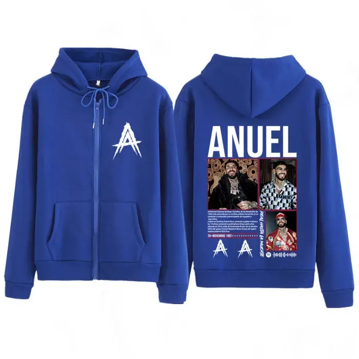 Rapper Anuel AA Album Tour 2025 Vintage Graphic Zipper Hoodie Men Women Fashion Long-sleeved Casual Hip-hop Zip Up Sweatshirts
