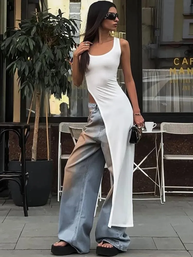 Summer personality trend slim fit solid color street niche irregular asymmetrical hem sleeveless camisole vest dress