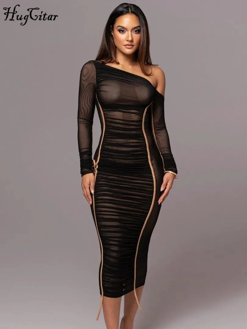 Hugcitar Mesh Solid Diagonal Krave Langærmet Draperet Sexet Gennemsigtig Bodycon Maxikjole Sommermodetøj Festival Club