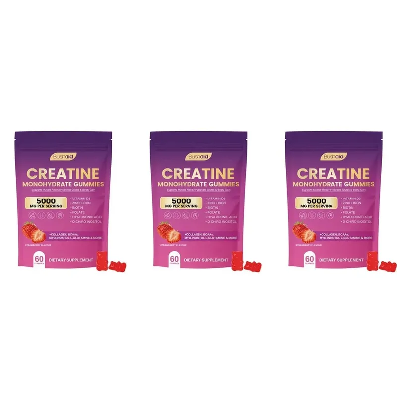 BushAid Creatine Monohydrate Gummies สำหรับการฟื้นฟูกล้ามเนื้อหลังการออกกำลังกายด้วย Multi-Collagen Blend BCAA และ Zinc 60 Gummies