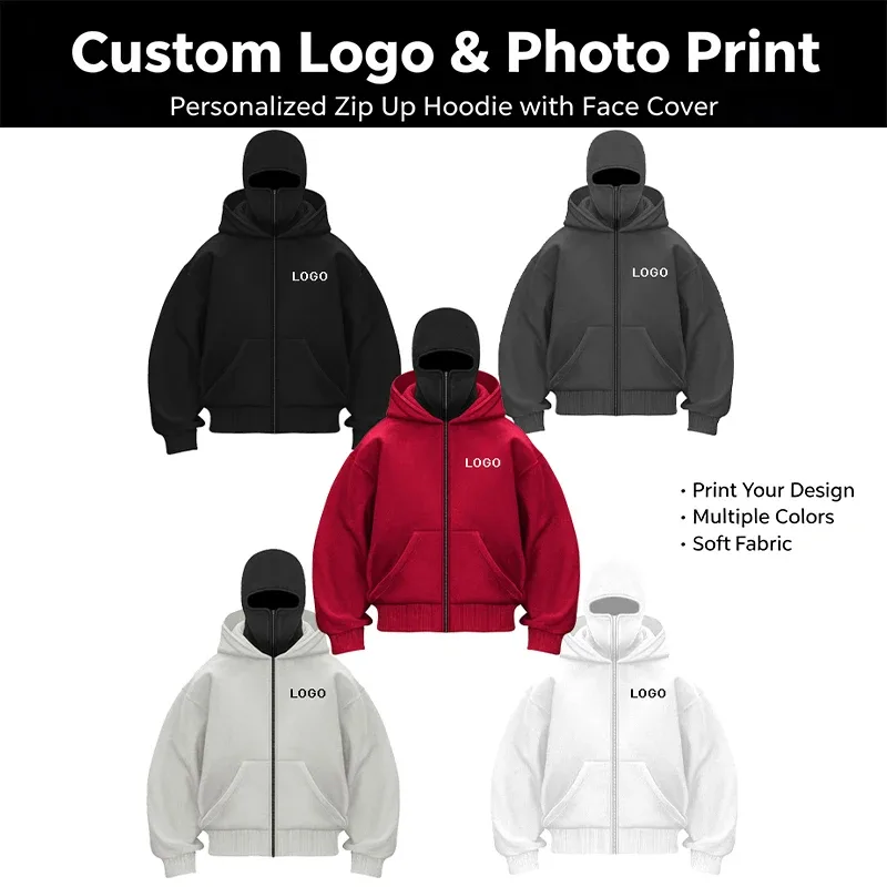 DIY Design Double-hooded Zipper Hoodies Men Customized Printed Long Sleeve Zip Up Sweatshirts Women Ninja Mask Pullovers Jacket