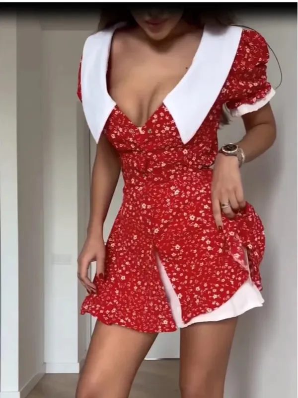 Sexy Flora Painted Ruffle Slim Dress Women Full Sleeves Deep V-neck A-line Short Dresses 2026 Lady Chic Night Club Street Gown
