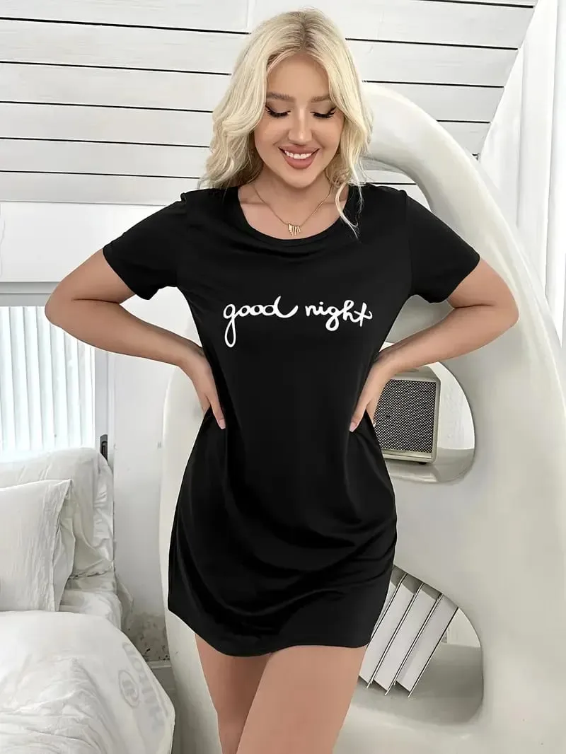 Women's Spring and Summer Casual Letter-Print Short-Sleeved Dress Suitable for Daily Wear and Home Wear