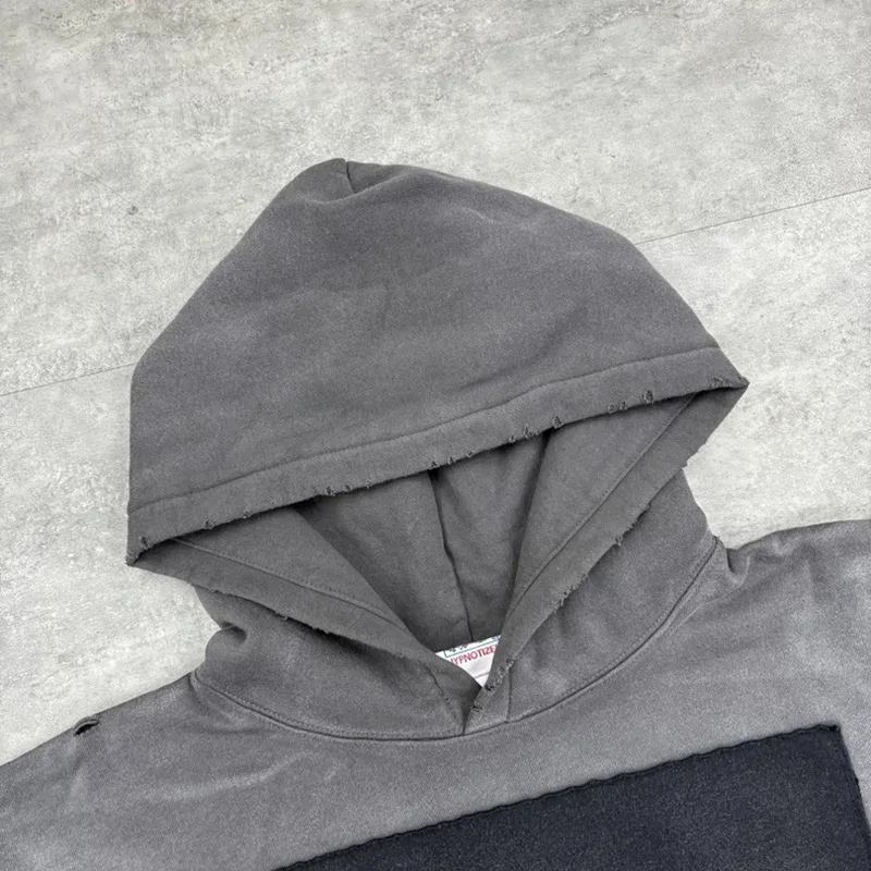25FW Washed Grey SAINT Hoodies Men Woman Oversize Streetwear Damaged Hooded Pullovers Graphic Print Sweatshirts