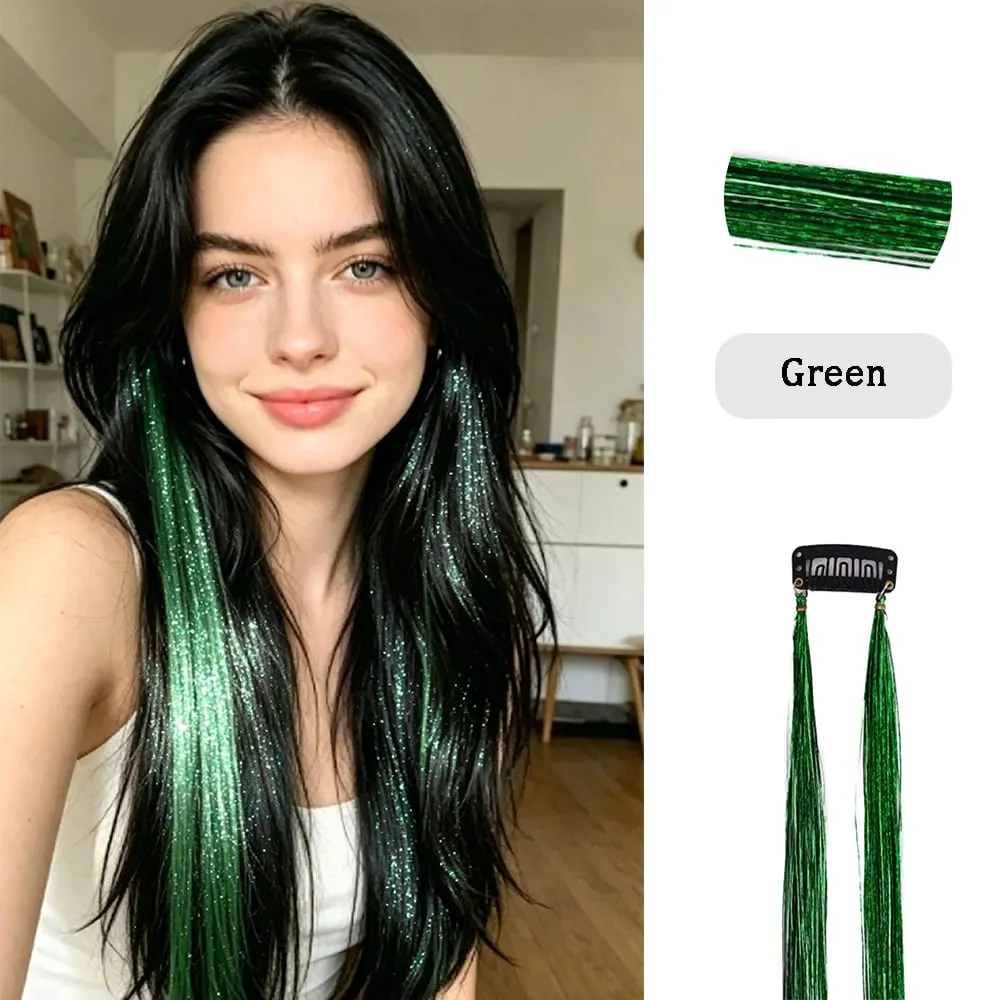 Multi-color Laser Wire Hair Extensions Shiny Tinsel Clip-in Hair Pieces Glitter Colored Hair Strands for Daily & Party Hairstyle