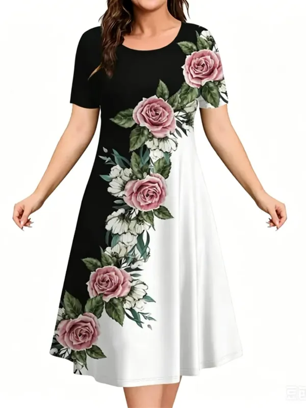 Sundress Loose Plus Size Dresses Women Flowers 3D Print Clothing Casual Summer Retro Short Sleeve Ladies Elegant Mini Dress — image 1