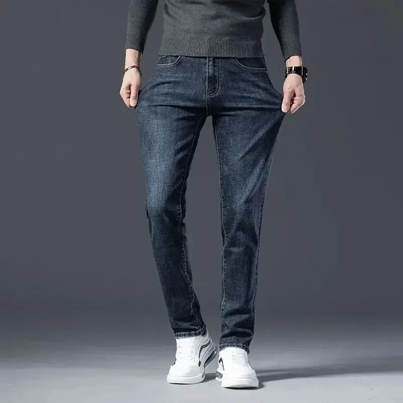 Autumn Winter High Quality Elastic Mens Jeans Cargo Slim Fit Denim Pencil Trousers Midweight Long PantsHighHigh Jeans Man