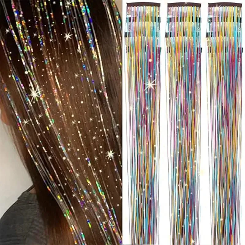 Red Hair Tinsel 12Pcs Clip in Hair Tinsel Kit 22Inch Tinsel Hair Extensions Christmas Hair Tinsel Party Festival Accessories