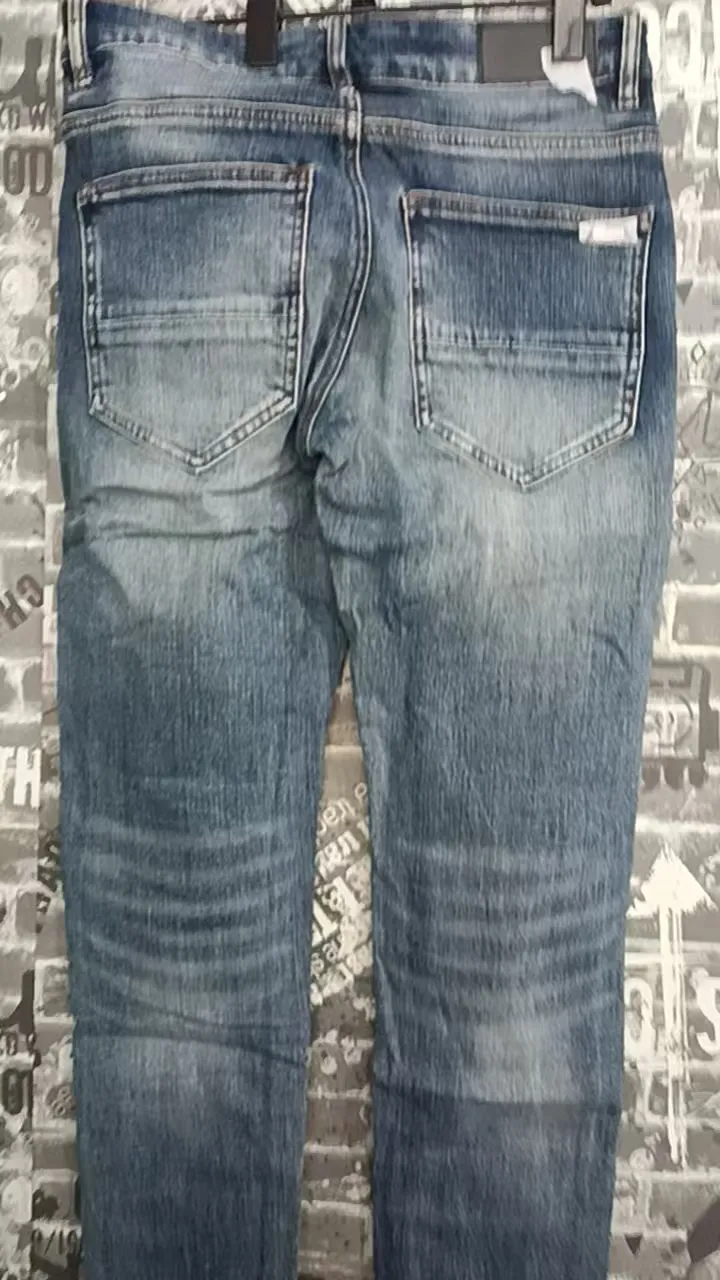 Fashionable New Men's Retro Blue Jeans With Pleated Elastic Perforated Blue Leather Patch Tight Tapered Pants Y2K